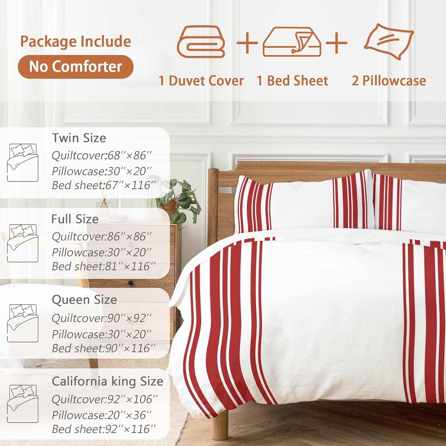 Dark Red and White Striped Duvet Cover Set Queen Size 4 Pieces Modern Minimalist Vertical Lines Bedding Set with Zipper Closure, 1 Comforter Cover 86x86 Inches 1 Flat Sheet & 2 Pillow Cases
