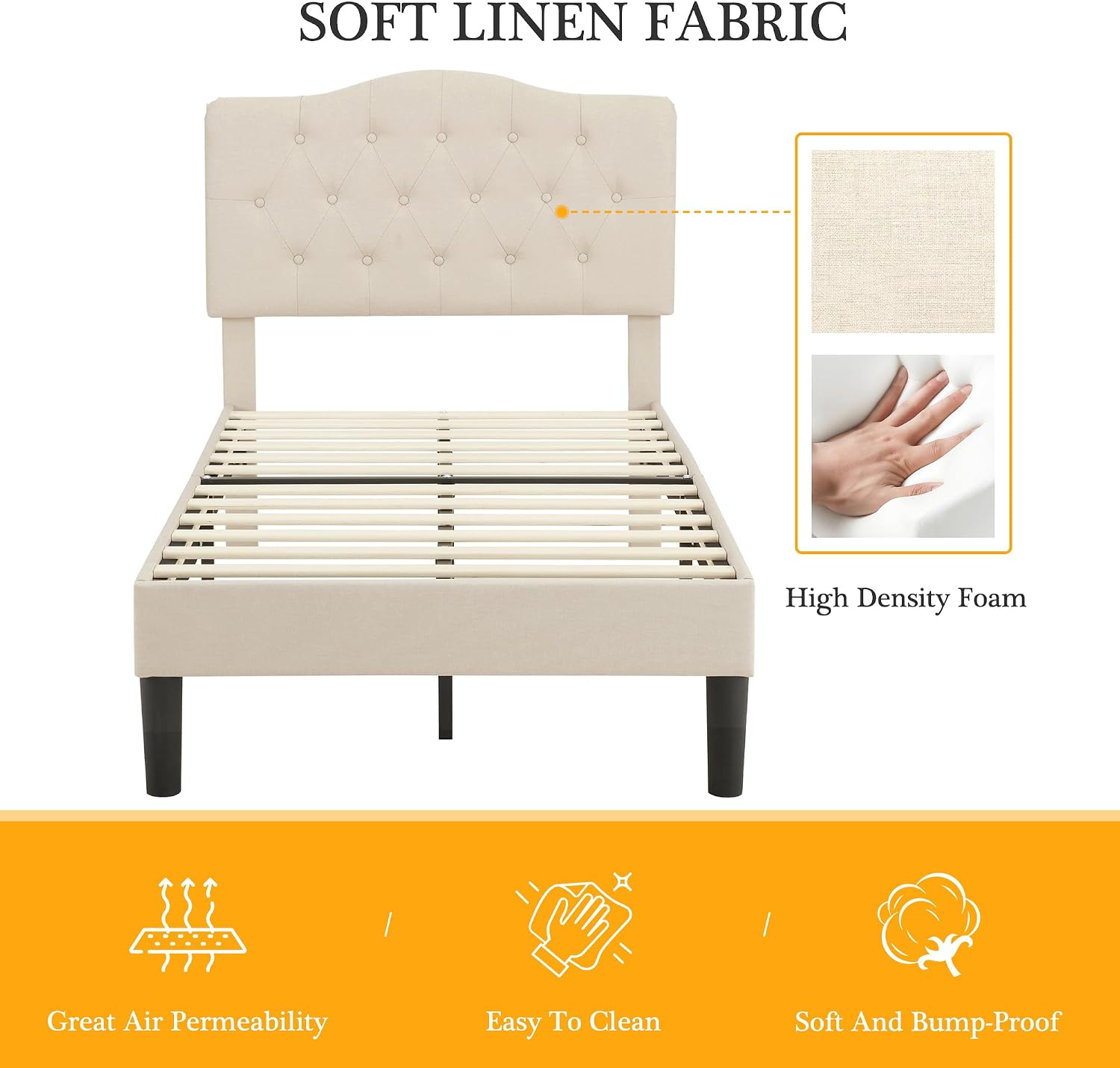 VECELO Twin Size Bed Frame Upholstered Platform with Tufted Adjustable Headboard/Mattress Foundation with Wood Slat Support, Easy Assembly,Beige