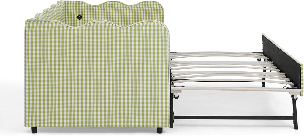 Twin to King Daybed with Trundle, USB Ports Soft Upholstered Daybed with Pop Up Trundle Bed Twin , Modern Extendable Day Bed Frame for Girls Bedroom Living Room Guest Room Small Places Sage Green