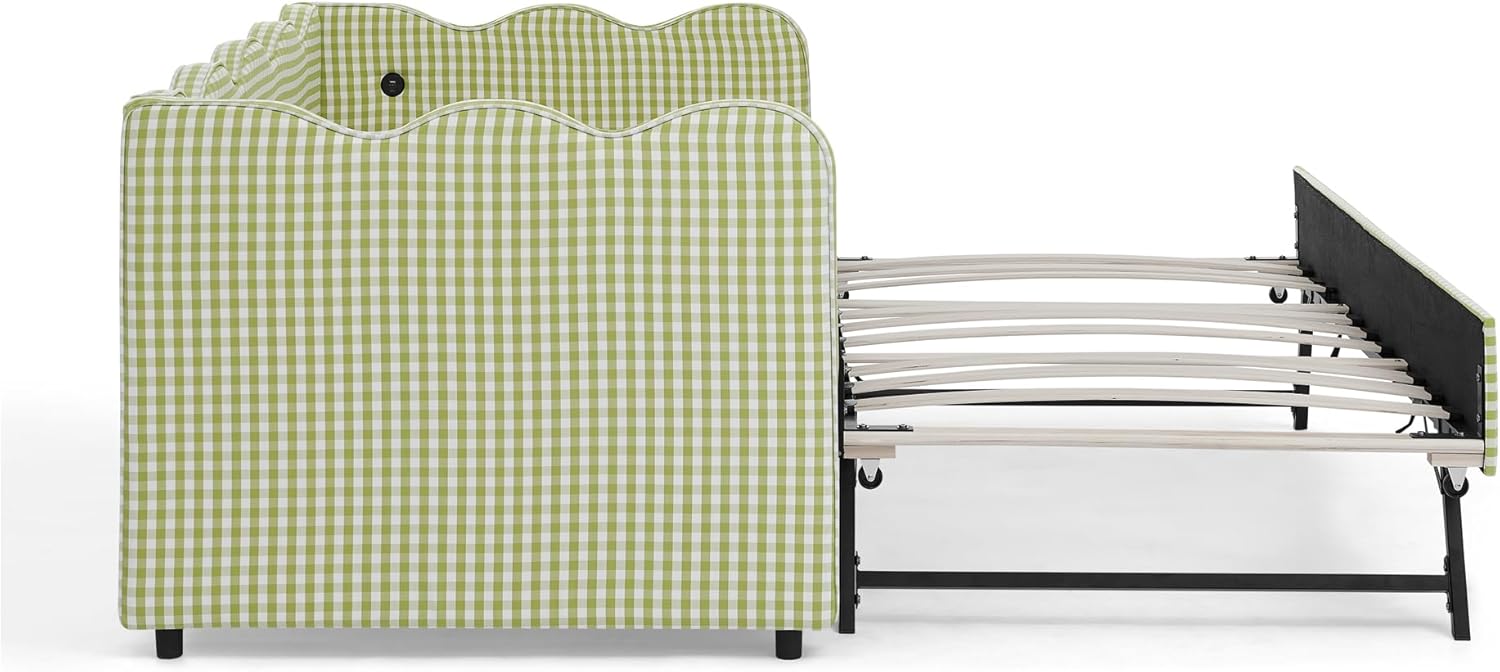 Twin to King Daybed with Trundle, USB Ports Soft Upholstered Daybed with Pop Up Trundle Bed Twin , Modern Extendable Day Bed Frame for Girls Bedroom Living Room Guest Room Small Places Sage Green