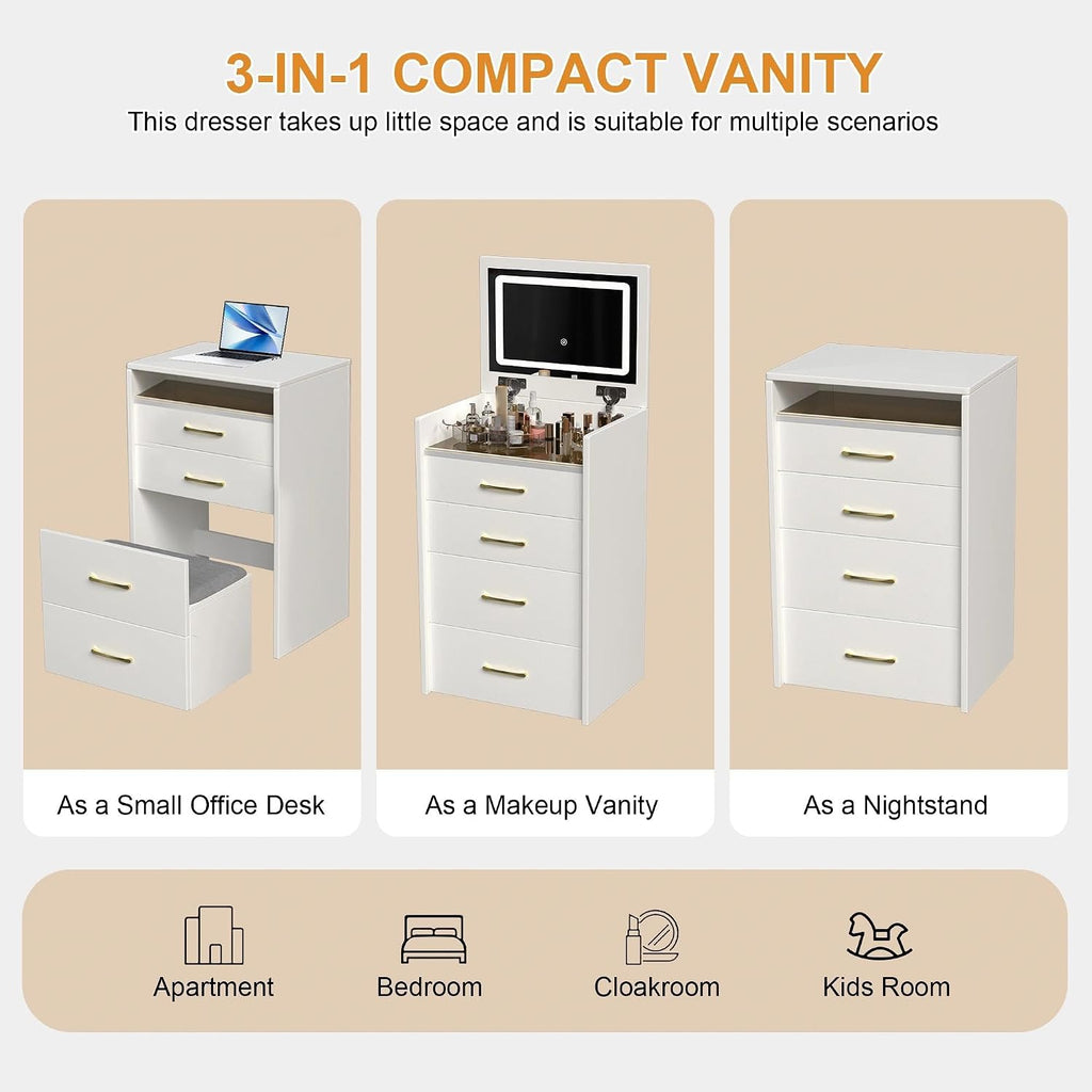 3 in 1 Vanity Desk with Open Top Mirror,Small Make Up Vanitys Set with Visible Glass Desktop,Compact Makeup Vanity with 3 Drawers,Dressing Table for Bedroom