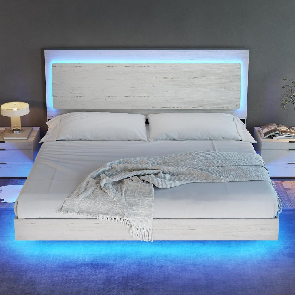 AMERLIFE King Floating Bed Frame, Farmhouse Bed Frame with Recline Headboard, No Box Spring Needed/Noise Free, Platform Bed with LED Light, Distressed White