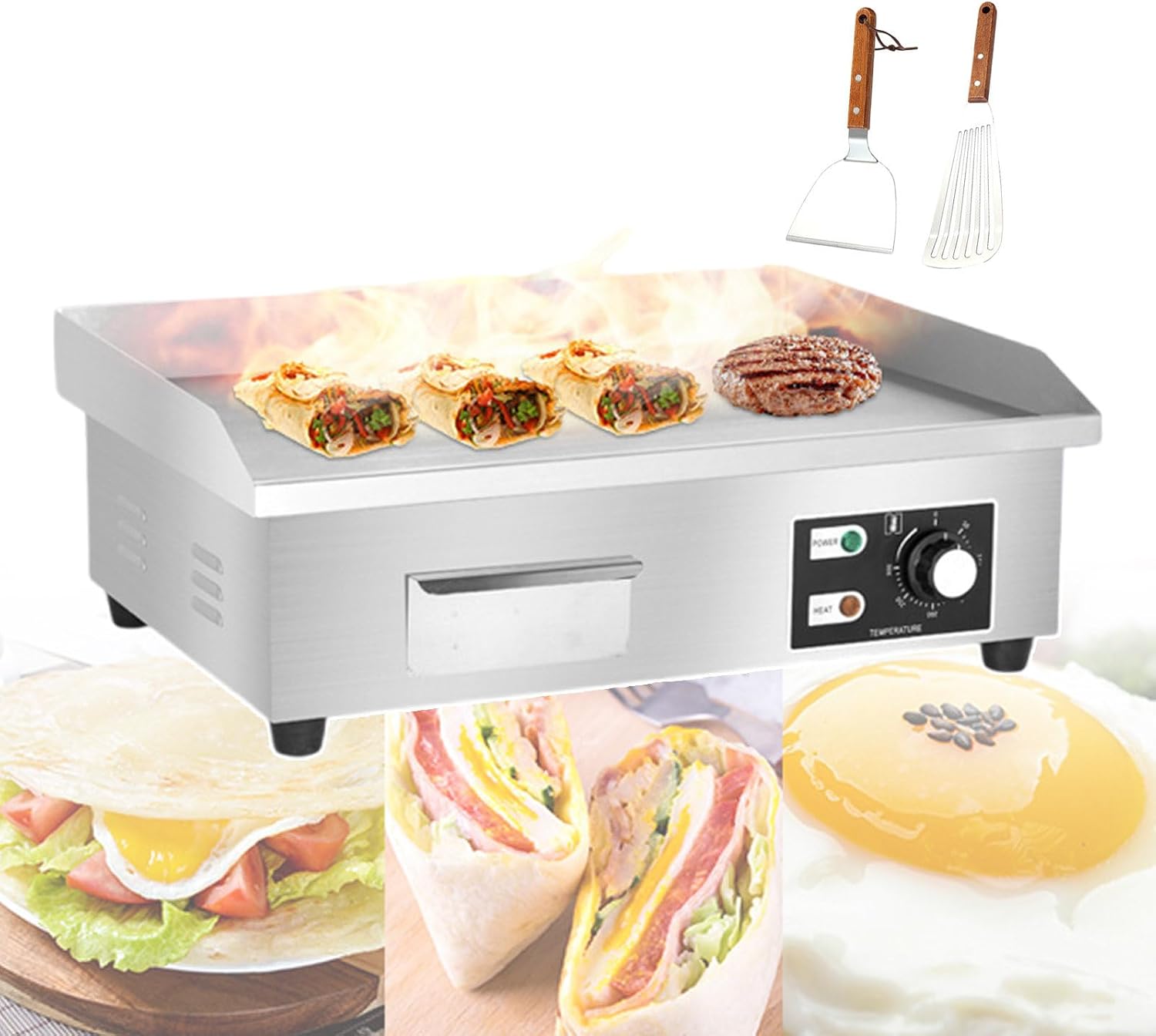 Commercial Electric Griddle | Electric Flat Top Grill Hotplate with Raised Baffle & Oil Storage Box | Burger Bacon Grill Plate for Family Gathering,1