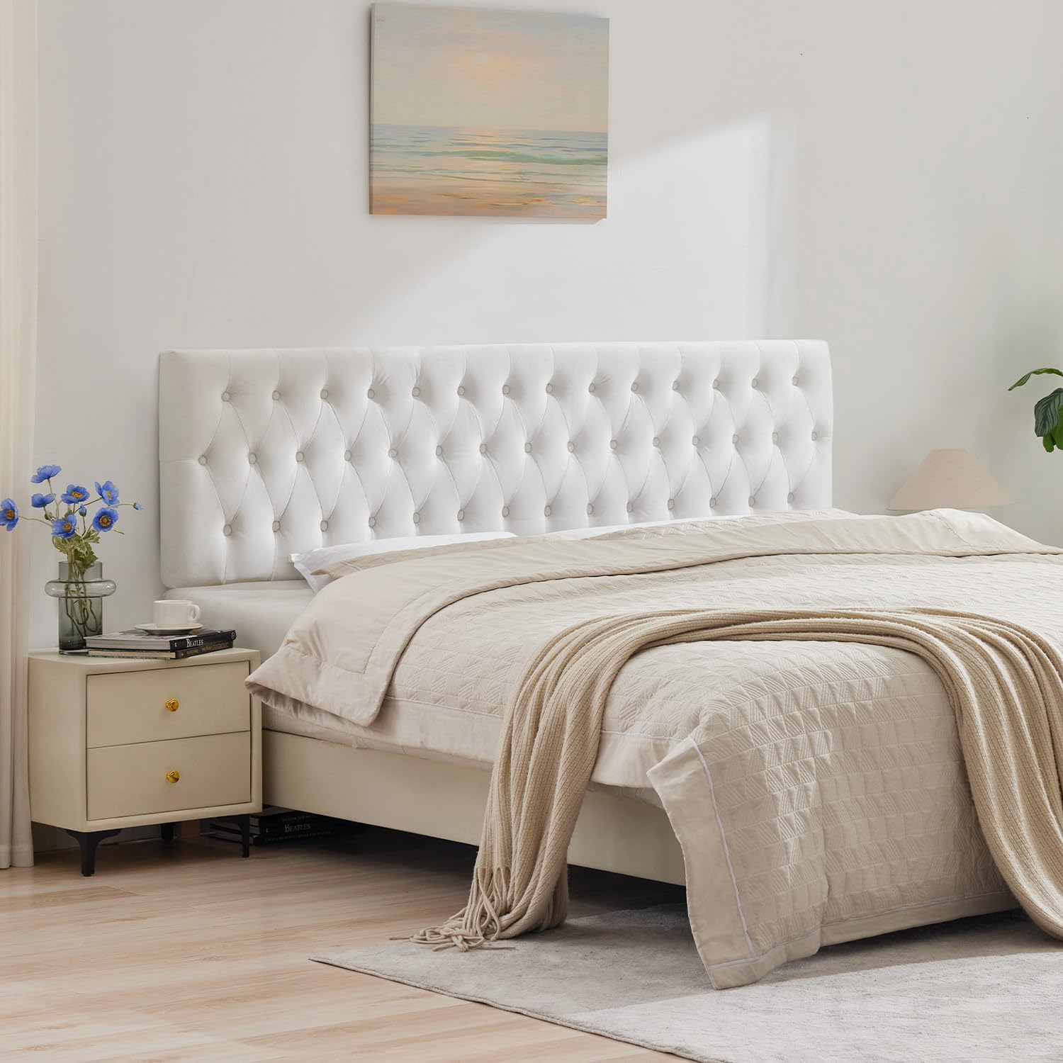 Kingfun Tufted Upholstered King Size Bed Headboard in Modern Button Design, Adjustable Solid Wood Head Board, Premium Velvet Fabric Padded Headboards in Bedroom (White)