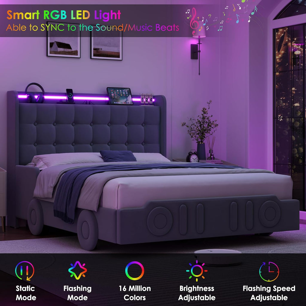 Keyluv Full Car Bed Frame with LED Lights and Charging Station, Upholstered Platform Bed with Button Tufted Headboard and Wheels, No Box Spring Needed, Noise-Free, Easy Assembly, Velvet Grey