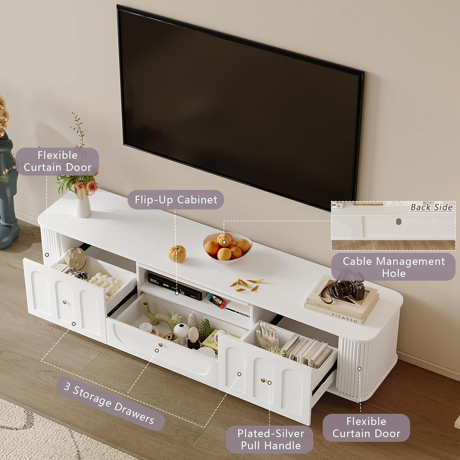 Modern TV Stand with Storage, Minimalist Entertainment Center with 3 Drawers & Flip-Up Door & Shelves for 55/65/75/85 Inch TVs for Living Room & Bedroom, White (Style2)