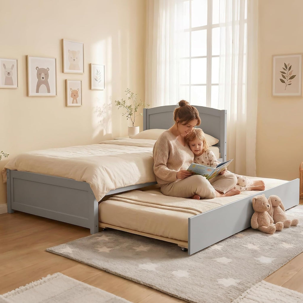 Xilingol Trundle Bed Twin, Solid Wood Beds Frames with Headboard and Wooden Slats Support, Twin Trundle Beds Frame Roll Out, Single Box Bed (No Box Spring Needed), Grey
