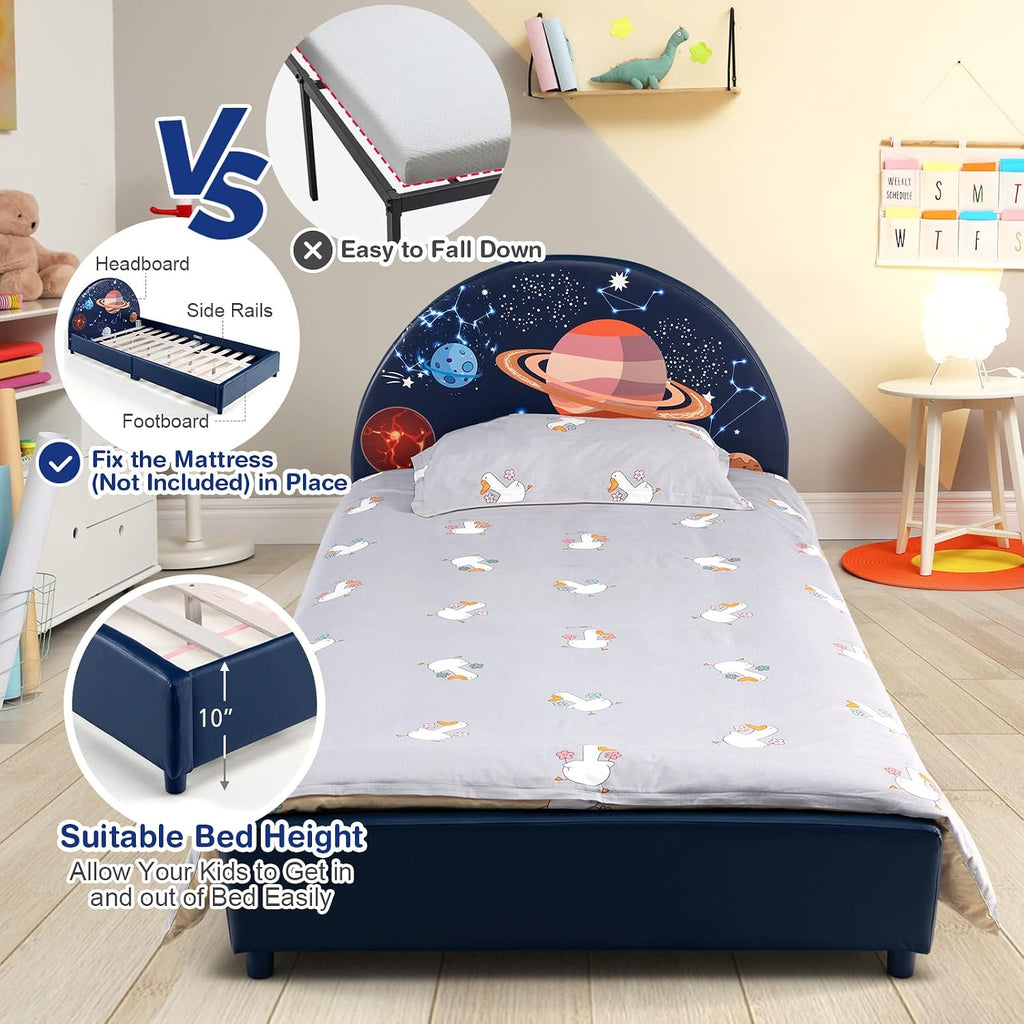 Costzon Twin Bed Frames for Kids, Wood Upholstered Twin Bed Platform with Slat Support, Padded Headboard&Footboard, No Box Spring Needed, Easy Assembly, Fits Standard Twin Mattress (Planet)