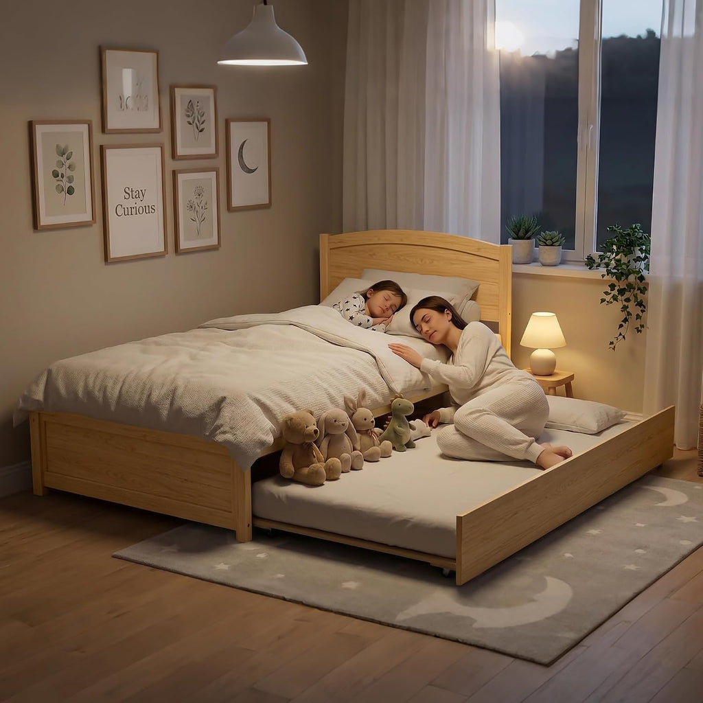 Xilingol Trundle Bed Twin, Solid Wood Beds Frames with Headboard and Wooden Slats Support, Twin Trundle Beds Frame Roll Out, Single Box Bed (No Box Spring Needed), Natural