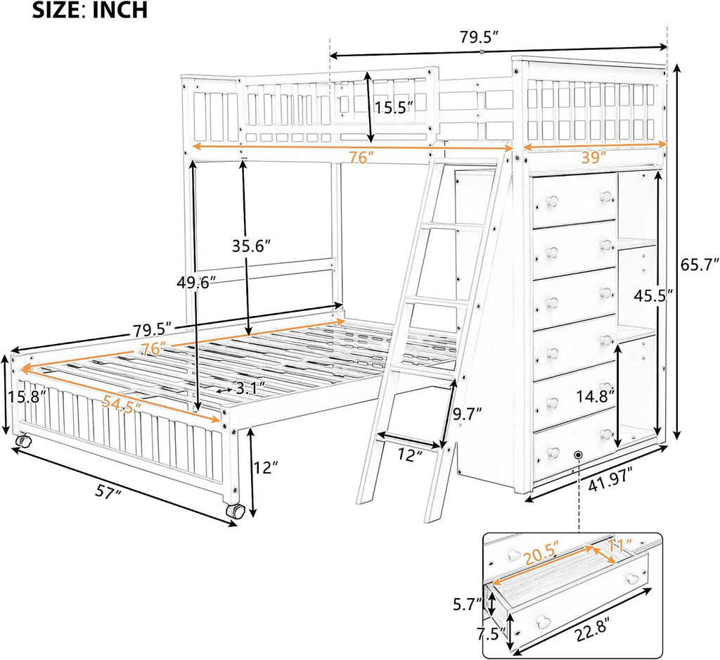 Ball & Cast Wooden Twin Over Full Bunk Bed with 6 Drawers & Flexible Shelves,Bottom Bedframe W/Wheel,Easy Assembly,Space Saving,Versatile Storage Furniture for Boy Girl Teen Compact Bedroom,Espresso