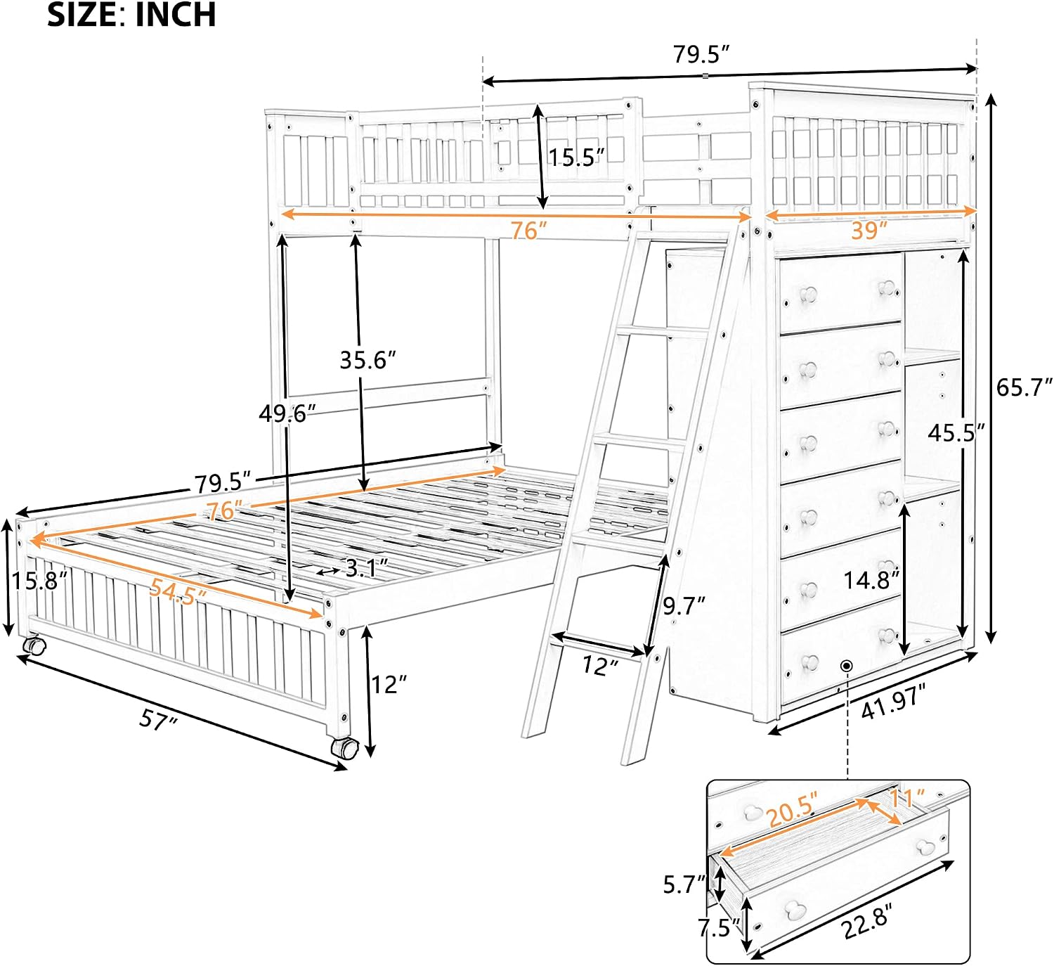 Ball & Cast Wooden Twin Over Full Bunk Bed with 6 Drawers & Flexible Shelves,Bottom Bedframe W/Wheel,Easy Assembly,Space Saving,Versatile Storage Furniture for Boy Girl Teen Compact Bedroom,Espresso