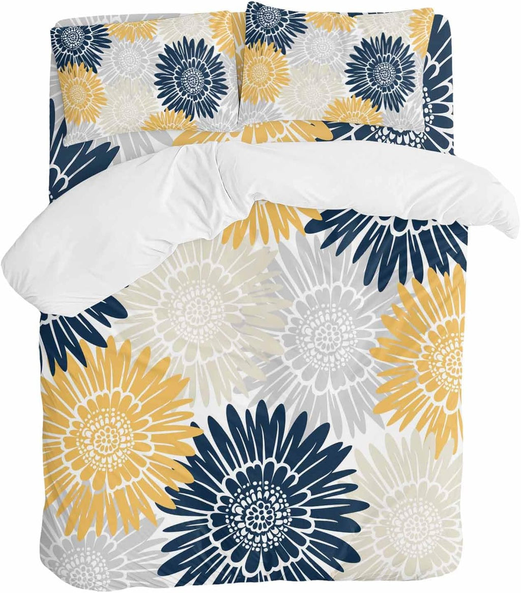 Navy Blue Gray Yellow Sunflowers Duvet Cover Set Queen Size 4 Pieces Abstract Blooming Floral Bedding Set with Zipper Closure, 1 Comforter Cover 92x106 Inches 1 Flat Sheet & 2 Pillow Cases