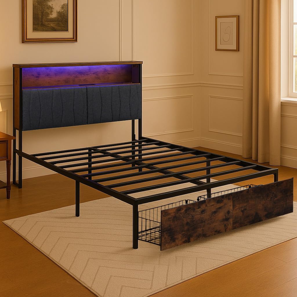 COMHOMA Queen Size Platform Bed Frame with LED Lights and Charging Station, Storage Headboard and Footboard Drawers, No Box Spring Needed, Rustic Wood Look