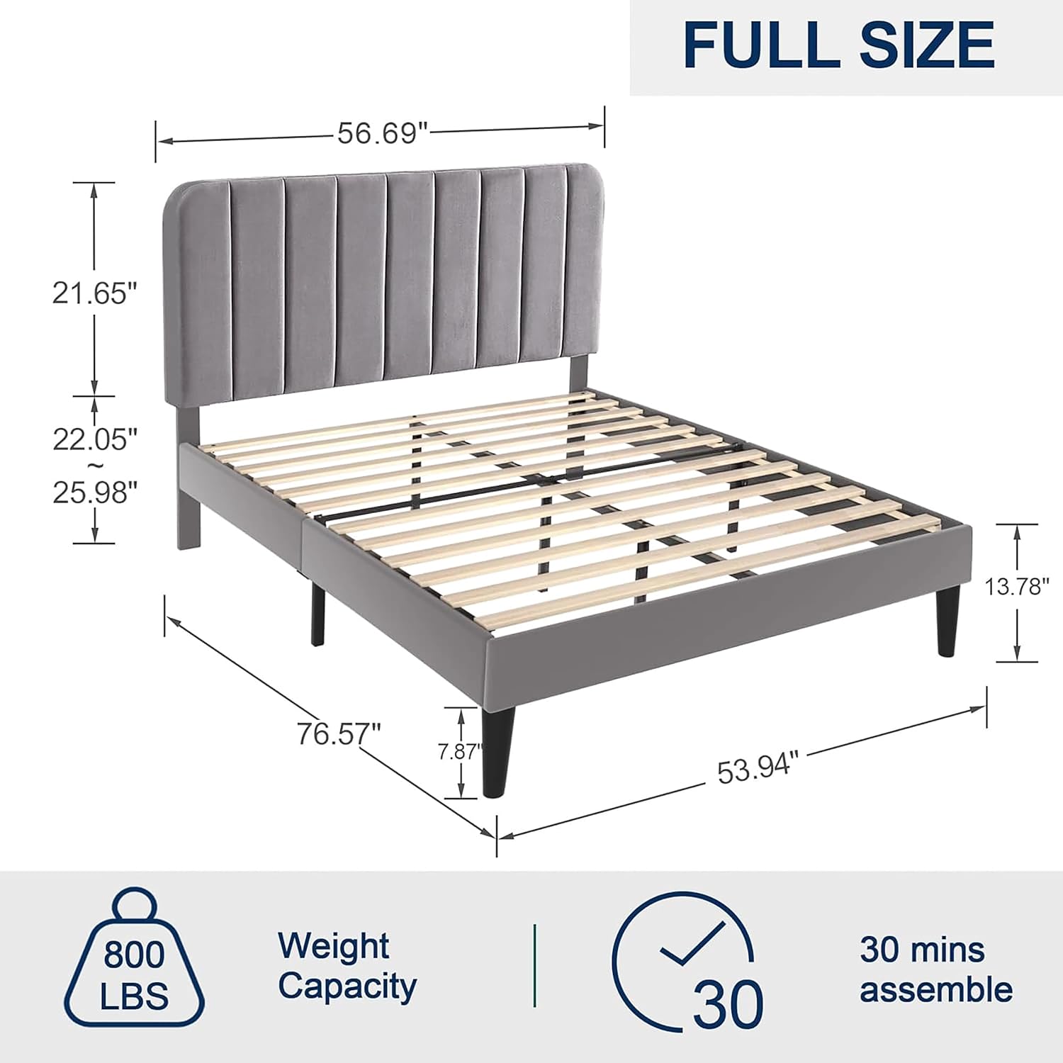 VECELO Full Size Upholstered Bed Frame with Adjustable Headboard, Velvet Platform Bedframe Mattress Foundation, Strong Wood Slat Support, No Box Spring Needed, Charcoal Grey