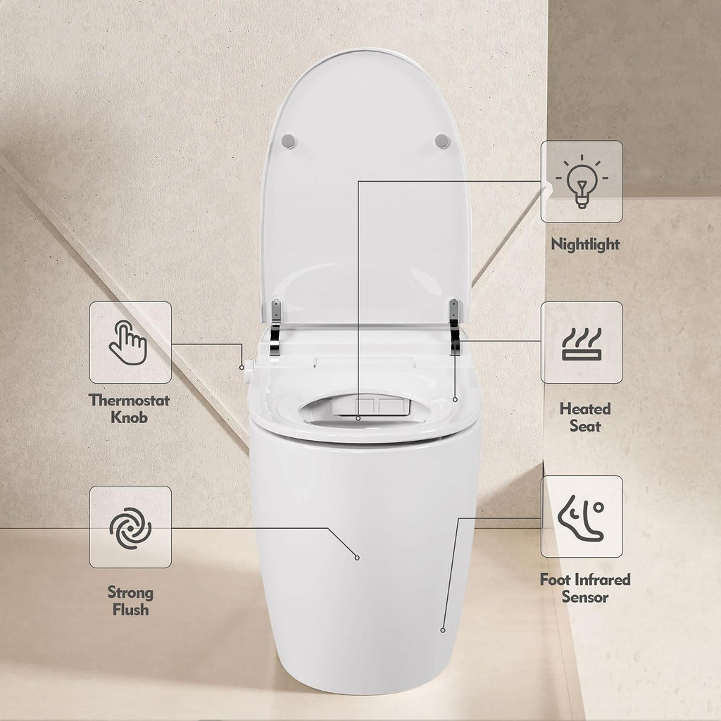 Heated Seat Smart One Piece Toilet, Automatic Flush Tank Less without Bidet, with Foot sensor Flush, White Night Light, Knob Control, Power Outage Flushing, Soft Close Cover