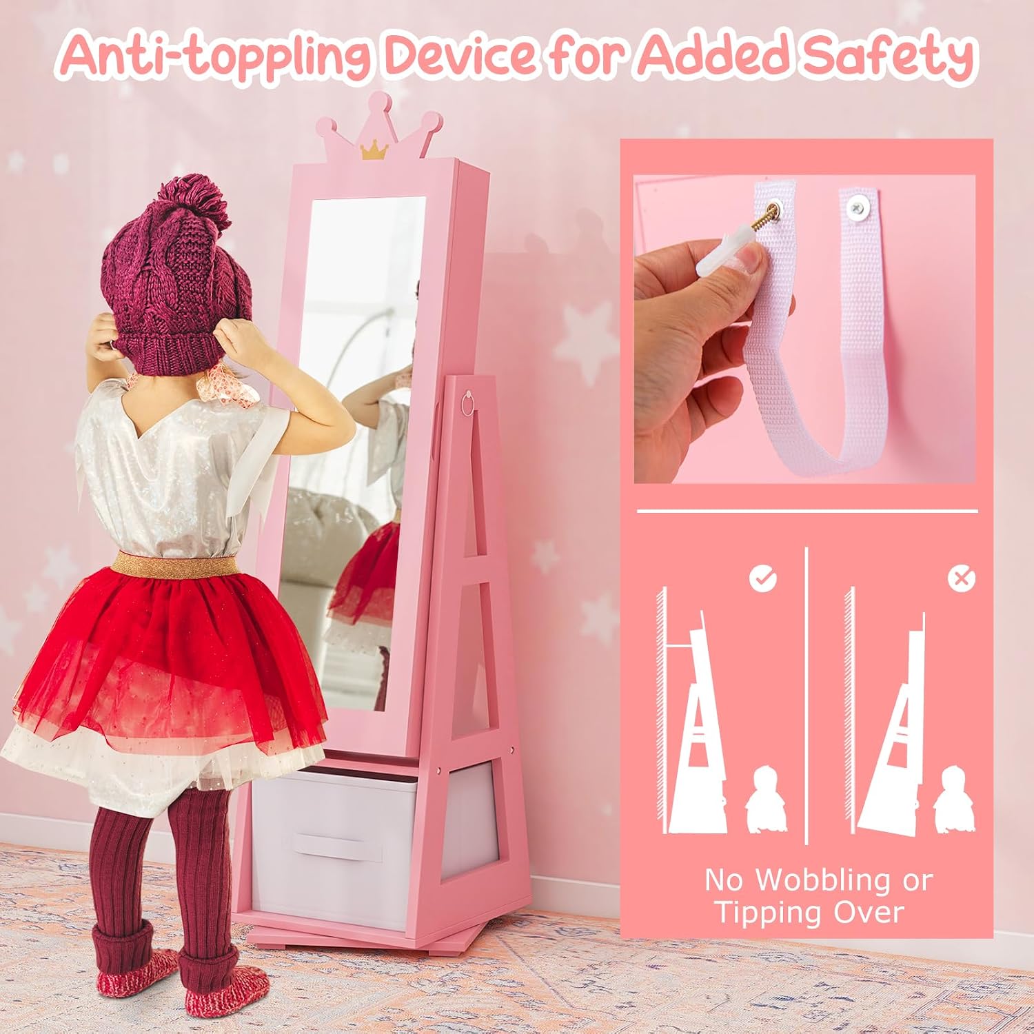 Costzon Kids Vanity & Jewelry Armoire Cabinet, Kids Makeup Vanity Table and Chair Set, 360° Swivel Standing Jewelry Organizer with Full-Length Mirror, Kids Bedroom Furniture Set for Girls (Pink)