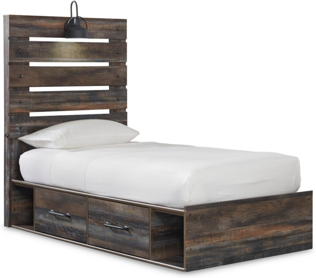 Signature Design by Ashley Drystan Rustic Twin Panel Platform Bed with 2 Storage Drawers, Open Cubbies, Sconce LED Light and USB Ports, Foundation or Box Spring Not Needed, Dark Brown & Gray