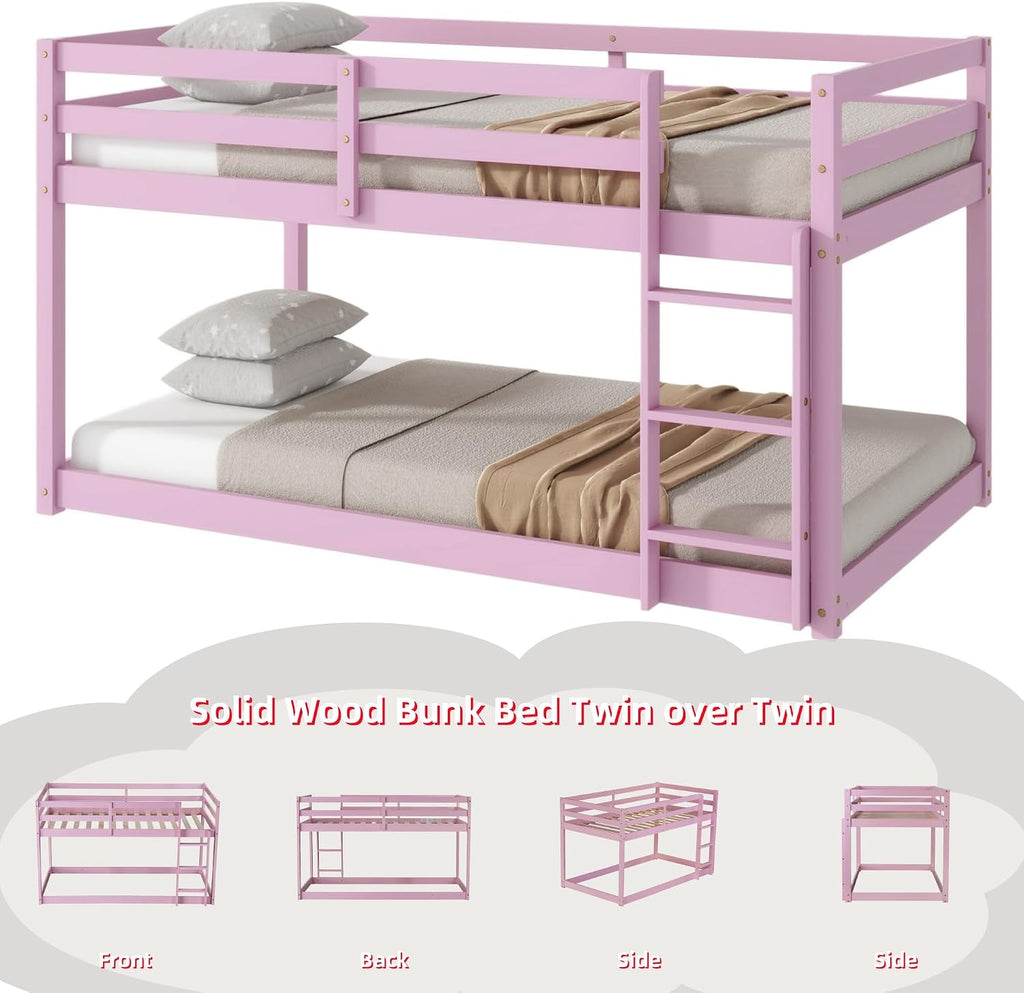 Bunk Bed Twin Over Twin, Floor Bunk Bed with Ladder, Safety Guard Rails, Heavy Duty Wooden Twin Bunk Beds Frame Low Bunkbeds No Box Spring Required, Pink