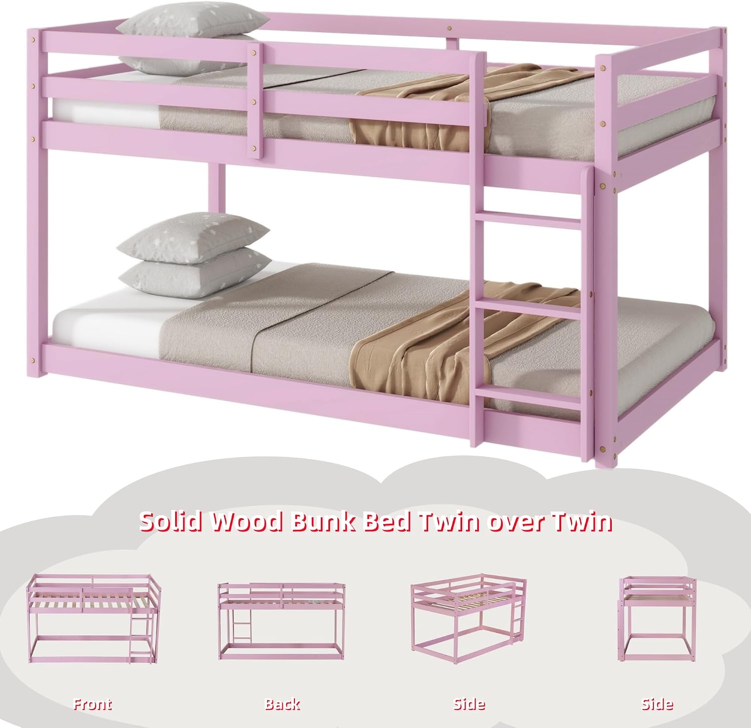 Bunk Bed Twin Over Twin, Floor Bunk Bed with Ladder, Safety Guard Rails, Heavy Duty Wooden Twin Bunk Beds Frame Low Bunkbeds No Box Spring Required, Pink
