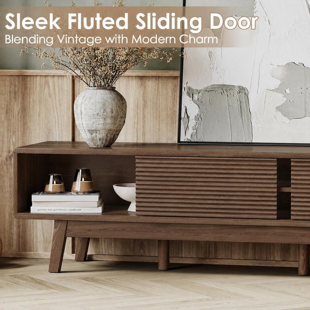 TOLEAD 59' TV Console, Mid Century Modern TV Stand for 55/60/65 Inch TV, Low Profile Media Console with Fluted Sliding Doors, Boho Wood Credenza for Living Room, Walnut