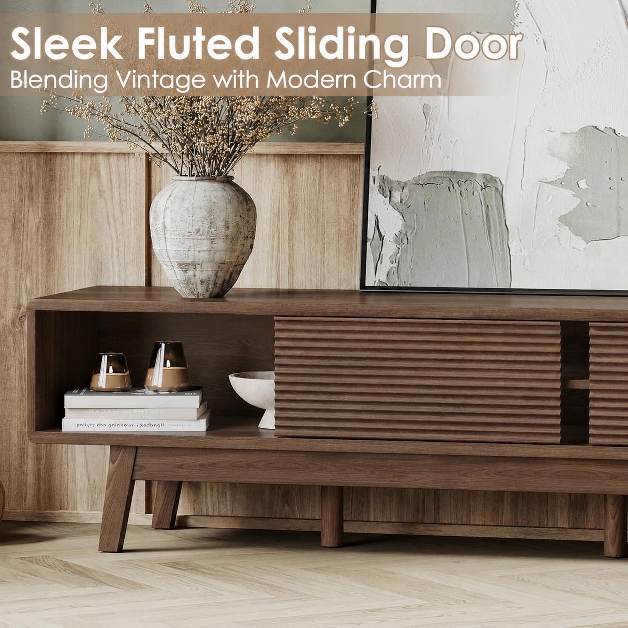 TOLEAD 59' TV Console, Mid Century Modern TV Stand for 55/60/65 Inch TV, Low Profile Media Console with Fluted Sliding Doors, Boho Wood Credenza for Living Room, Walnut