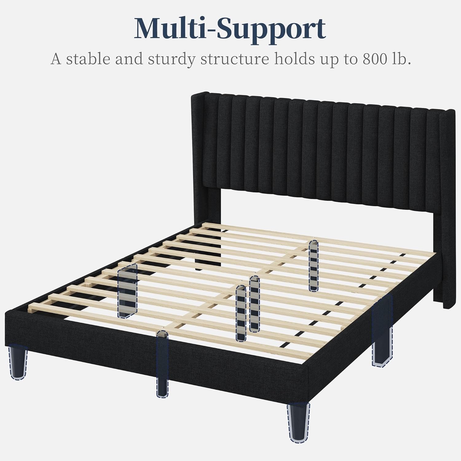 Yaheetech Queen Bed Frame Upholstered Platform Bed with Fabric Headboard, Wing Edge Design/Non-Slip and Noise-Free/Wooden Slats Support/No Box Spring Needed/Easy Assembly, Black Queen Bed