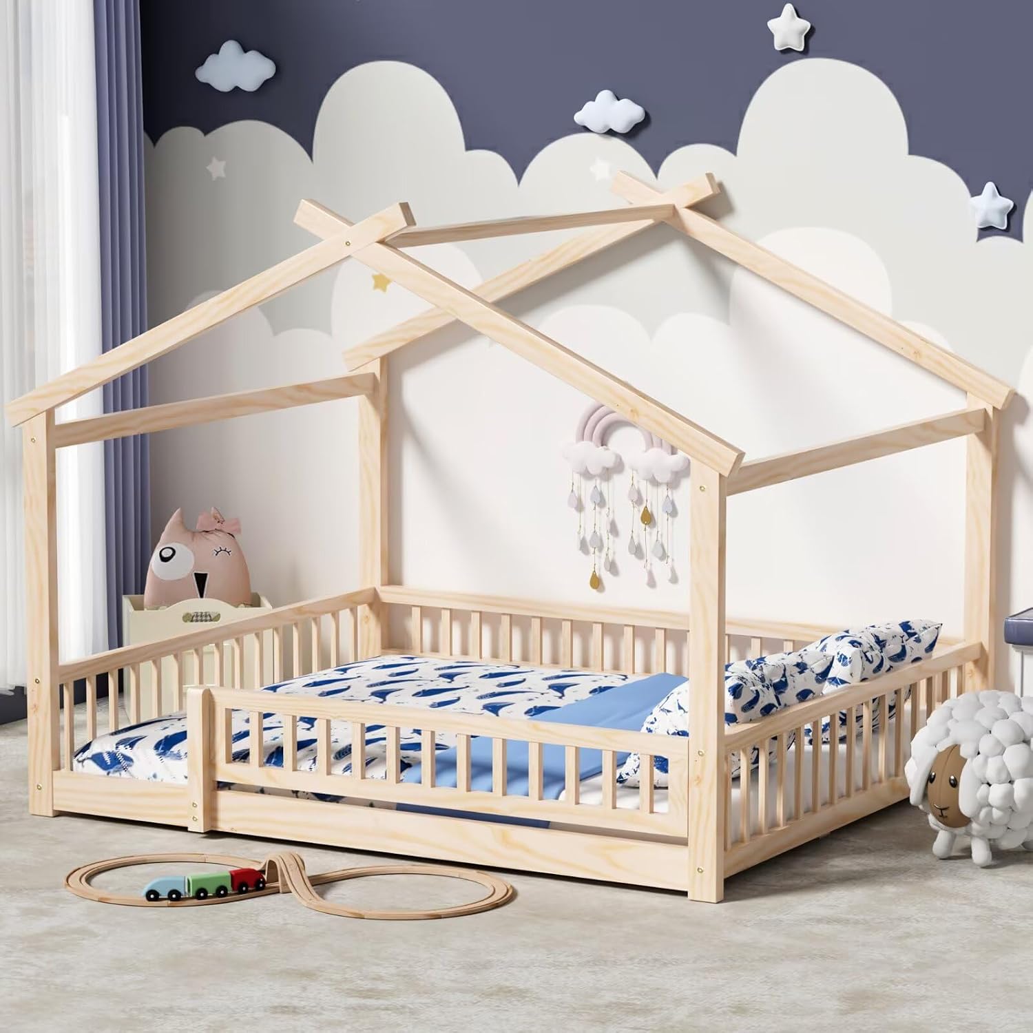 LLS Queen House Floor Bed Frame with Fence, Wooden Montessori Playhouse Bed with Slats Support for Boys Girls, Natural
