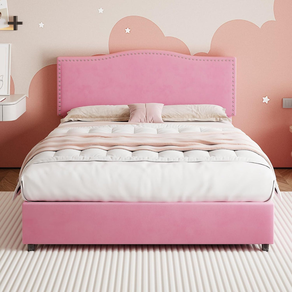 VECELO Queen Bed Frame Platform Bed Frame with Upholstered Headboard, 4 Storage Drawers, Strong Frame and Heavy-Duty Slats Support, Non-Slip and Noise-Free, Easy Assembly,Pink