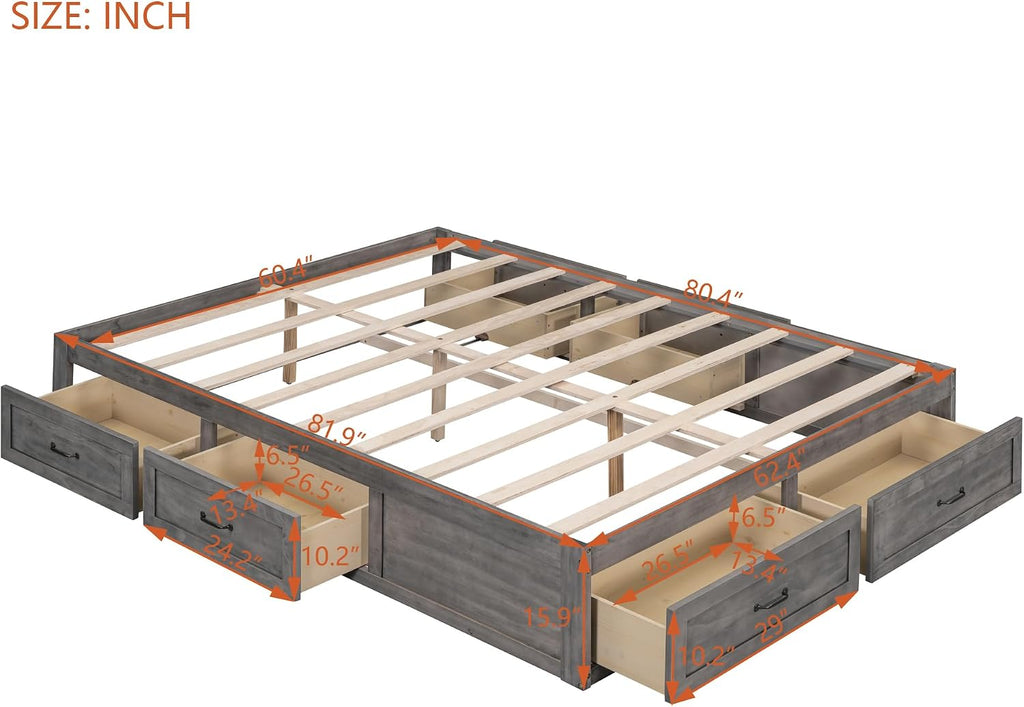 CITYLIGHT Queen Size Platform Bed with 6 Drawers, Wooden Queen Bed Frame with Storage and Wood Slat Support, Antique Grey