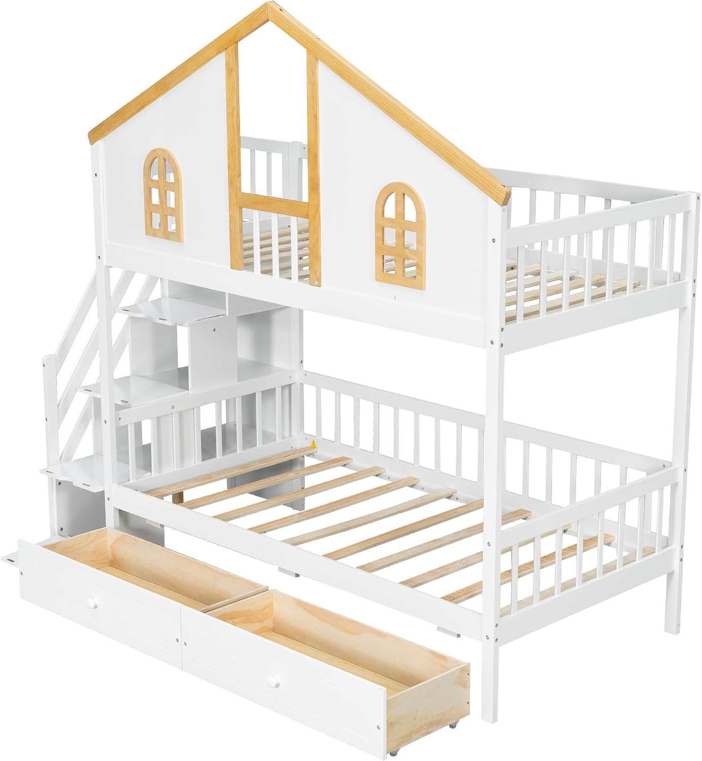 Merax Twin Over Twin Wooden Bunk Bed with Two Drawers and Storage Staircase, Twin Size House Bunk Bed Frame with Window Door Guardrails for Teens, Boys, Girls Bedroom, White+Natural