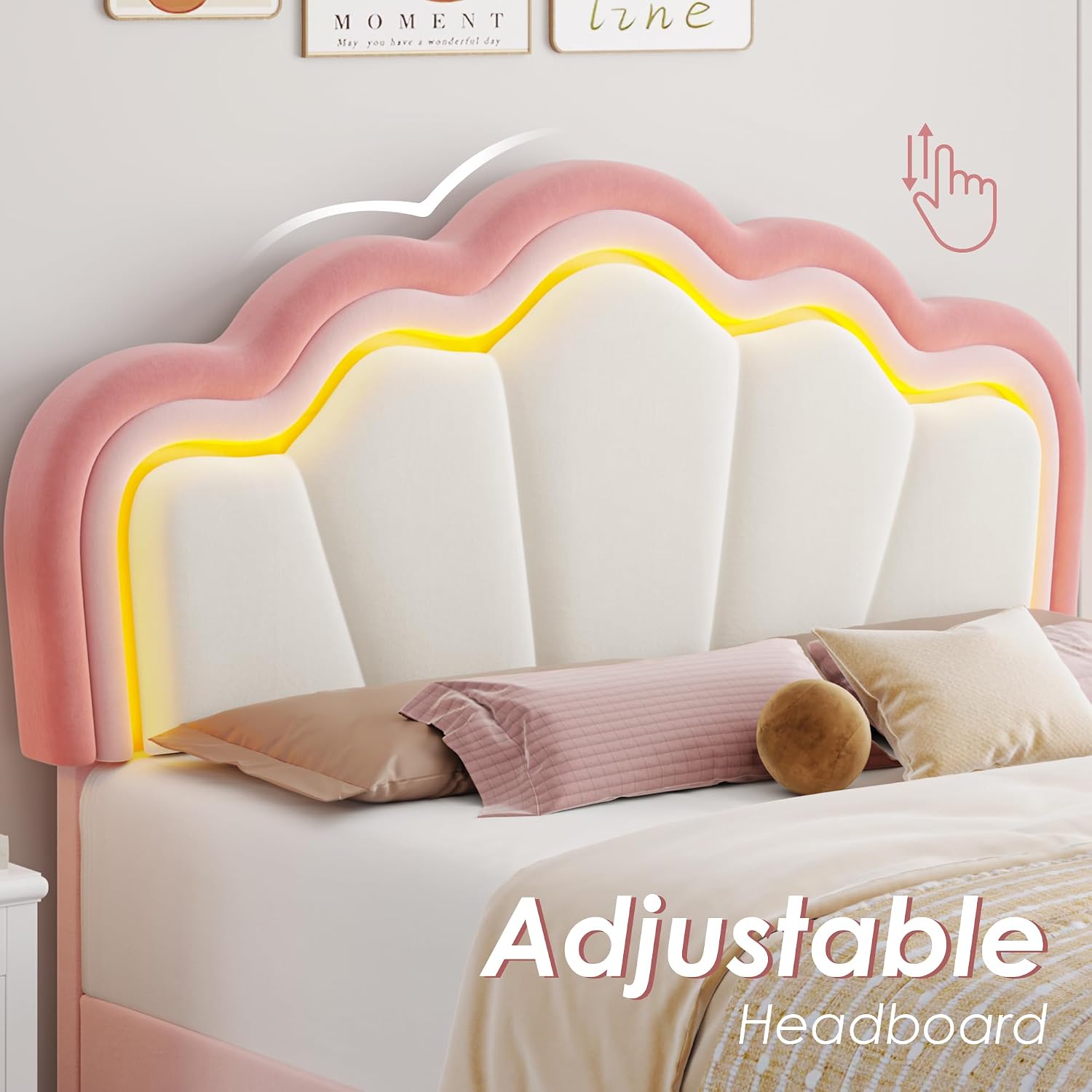 HOSTACK Queen Upholstered LED Bed Frame with Storage Drawers, Cute Girls Bed with Adjustable Lotus Headboard, Velvet Princess Platform Bed Frame, Wooden Slats Support, No Box Spring Needed, Pink/Beige