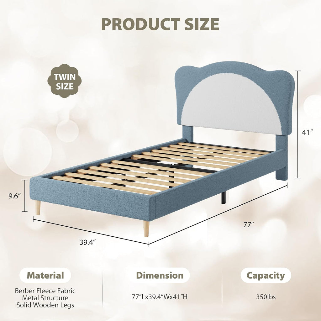 GarveeHome Twin Size Bed Frame for Kids - Cute Velvet Princess Platform Bed with Upholstered Headboard for Girls/Boys, Solid Wood Slats Support, No Box Spring Needed, Blue + White