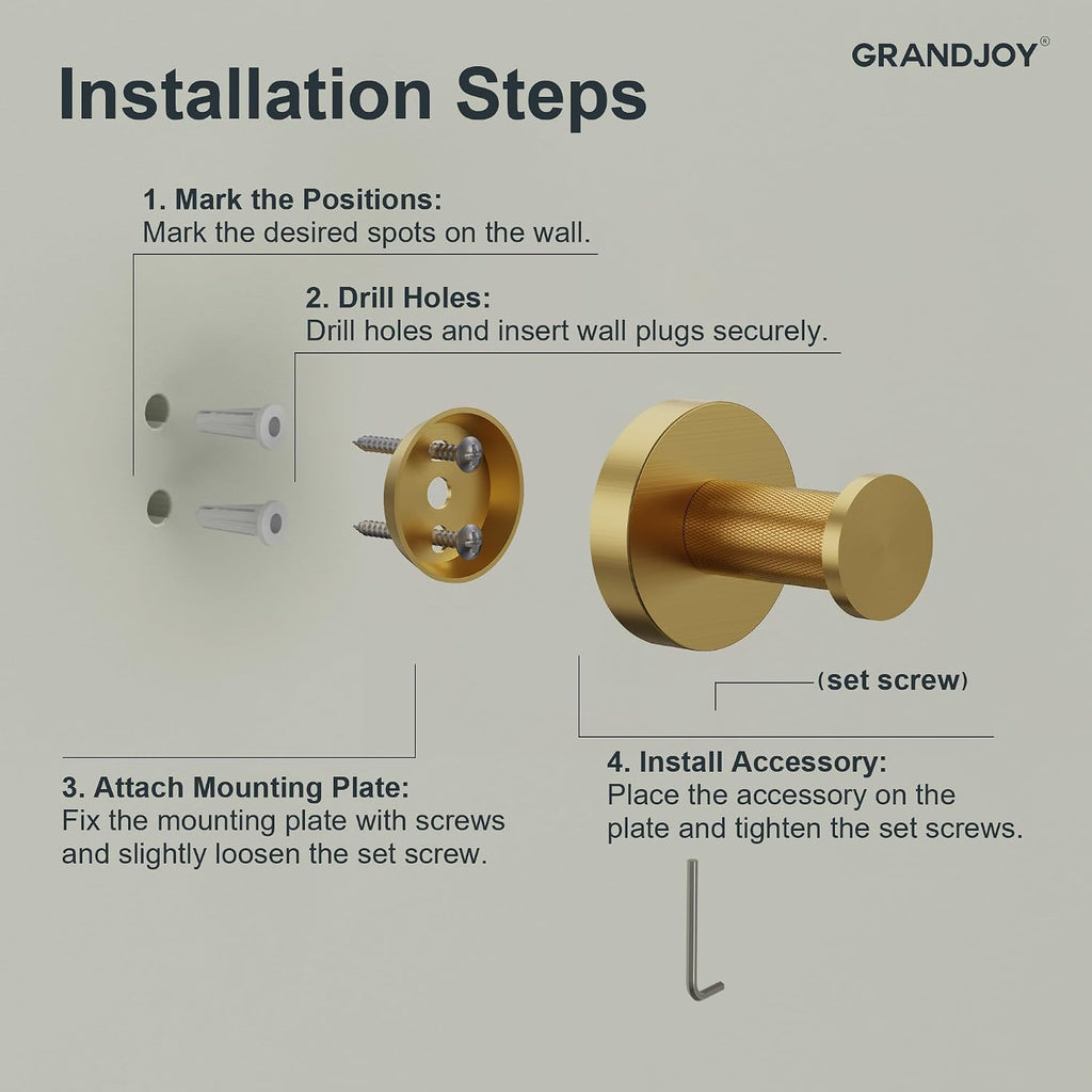 Brushed Gold Bathroom Hardware Accessories Set, Knurled SUS304 Stainless Steel Kit, Towel Bar, Ring, Robe Hook, Paper Holder, Wall Mounted