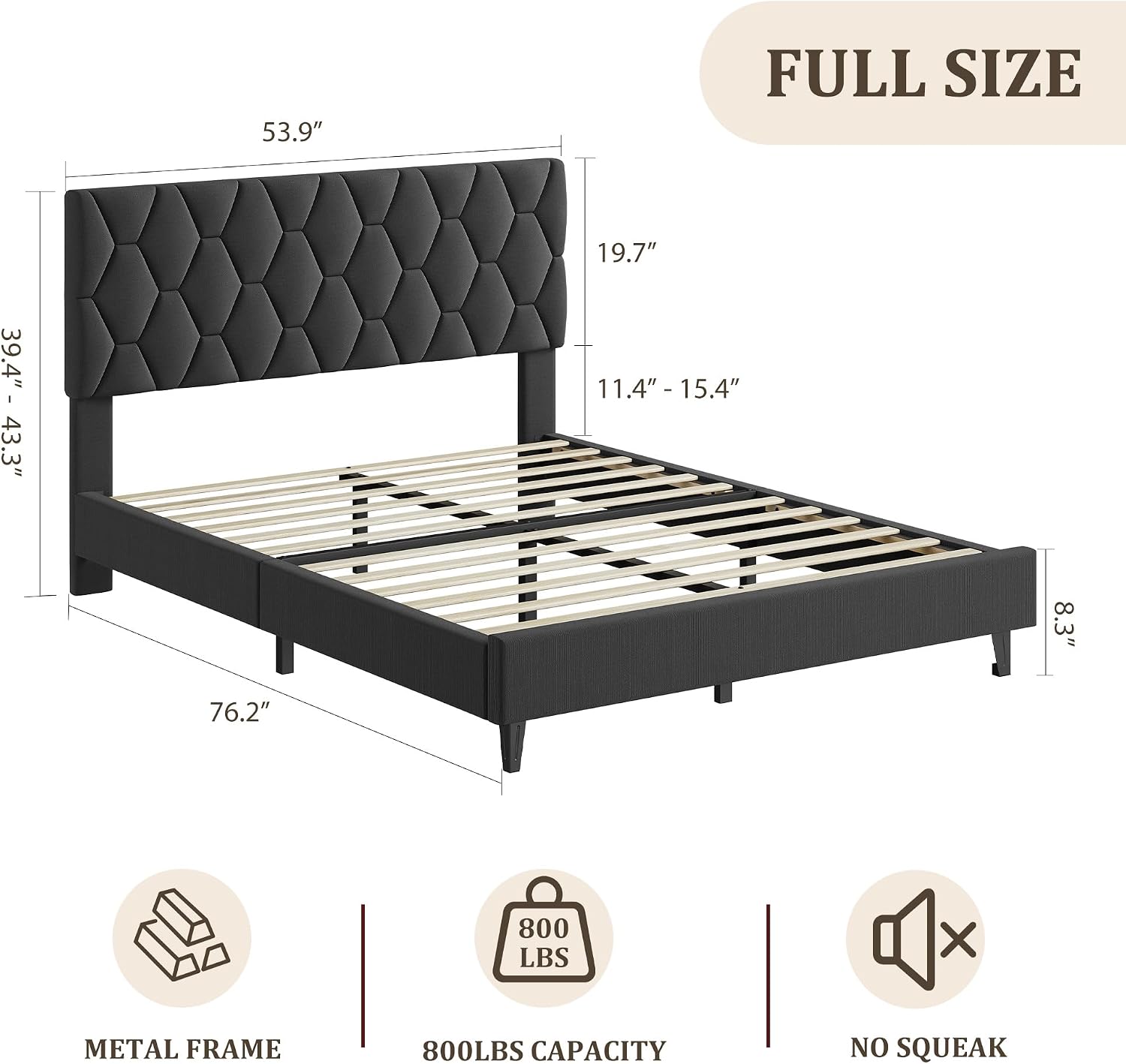 GAOMON Grey Queen Bed Frame with Upholstered Headboard, Heavy-Duty Platform Bed Frame with Strong Wood Slats, No Box Spring Needed/Easy Assembly/Noise Free