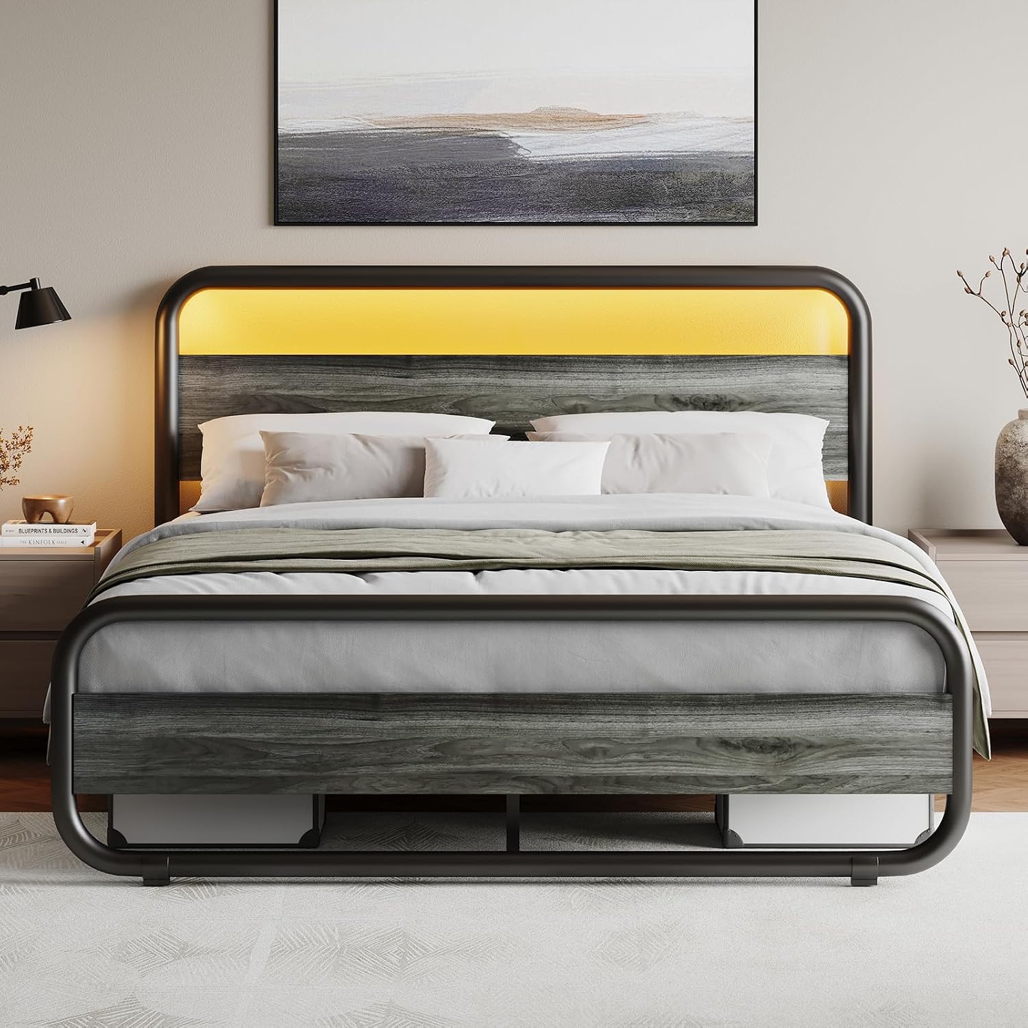 Catrimown Queen Bed Frame with LED Lights, Heavy Duty Metal Rustic Platform Bed Frame Queen Size with Headboard, Noise Free, No Box Spring Needed, Wash Gray