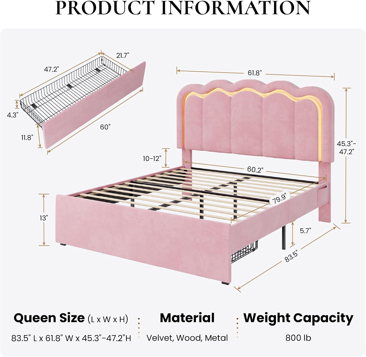 SHA CERLIN Upholstered Queen Size Bed Frame with LED Lights and Large Storage Drawer, Velvet Platform Bed with Adjustable Wavy Headboard, Noise Free, Easy Assembly, No Box Spring Needed, Soft Pink
