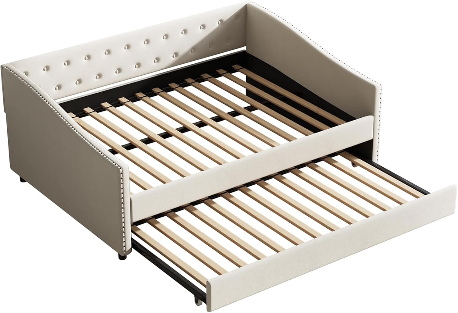 Upholstered Daybed with Trundle, Full Size Day Bed w/Button-Tufted Back and Piping on Waved-Shape Arms for Bedroom or Guest Room, No Box Spring Required,Beige