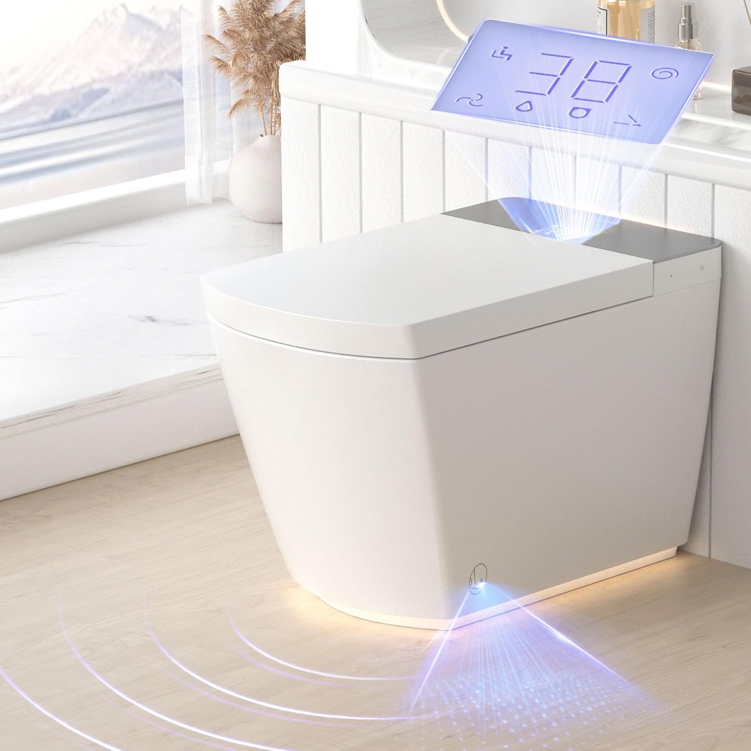 Luxury Smart Toilet with Bidet Built In, Elongated Electric Toilet with Auto Open Close Lid & Foot Sensor, Modern Bidet Toilets, Heated Seat/Voice Control/Automatic Washing Modes (Square)