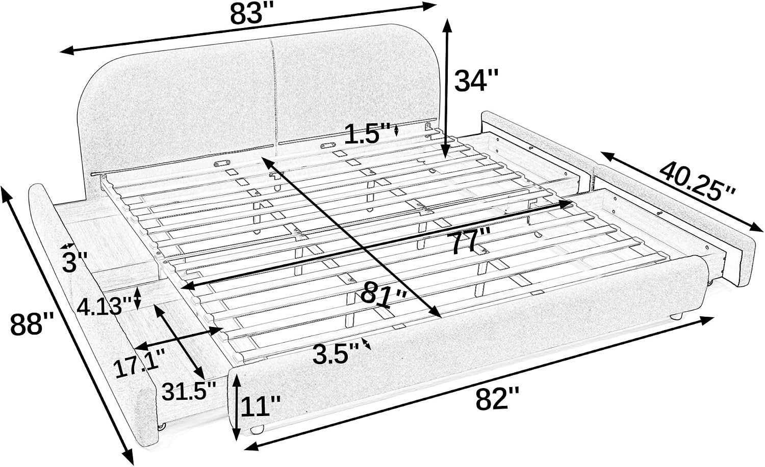 King Size Floor Bed Frame with 4 Wheeled Storage Drawer and Tall Curved Headboard, Modern Minimalist Style Upholstered Platform Bed Frame, Wooden Slats Support, Easy Assembly, Green