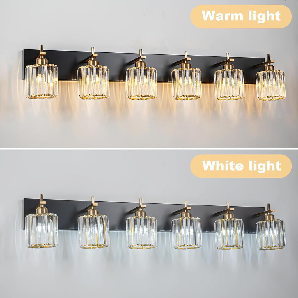 6-Light Crystal Bathroom Vanity Light, Modern Black Gold Bathroom Light Fixtures Over Mirror Crystal Wall Lighting with Polished Gold Finish