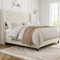 Full Bed Frame with 55' Tall Headboard, Upholstered Bed Frames, Soft Fabric, Button Tufted Headboard with Windback, Platform Bed, Noise-Free, No Box Spring Needed, Beige