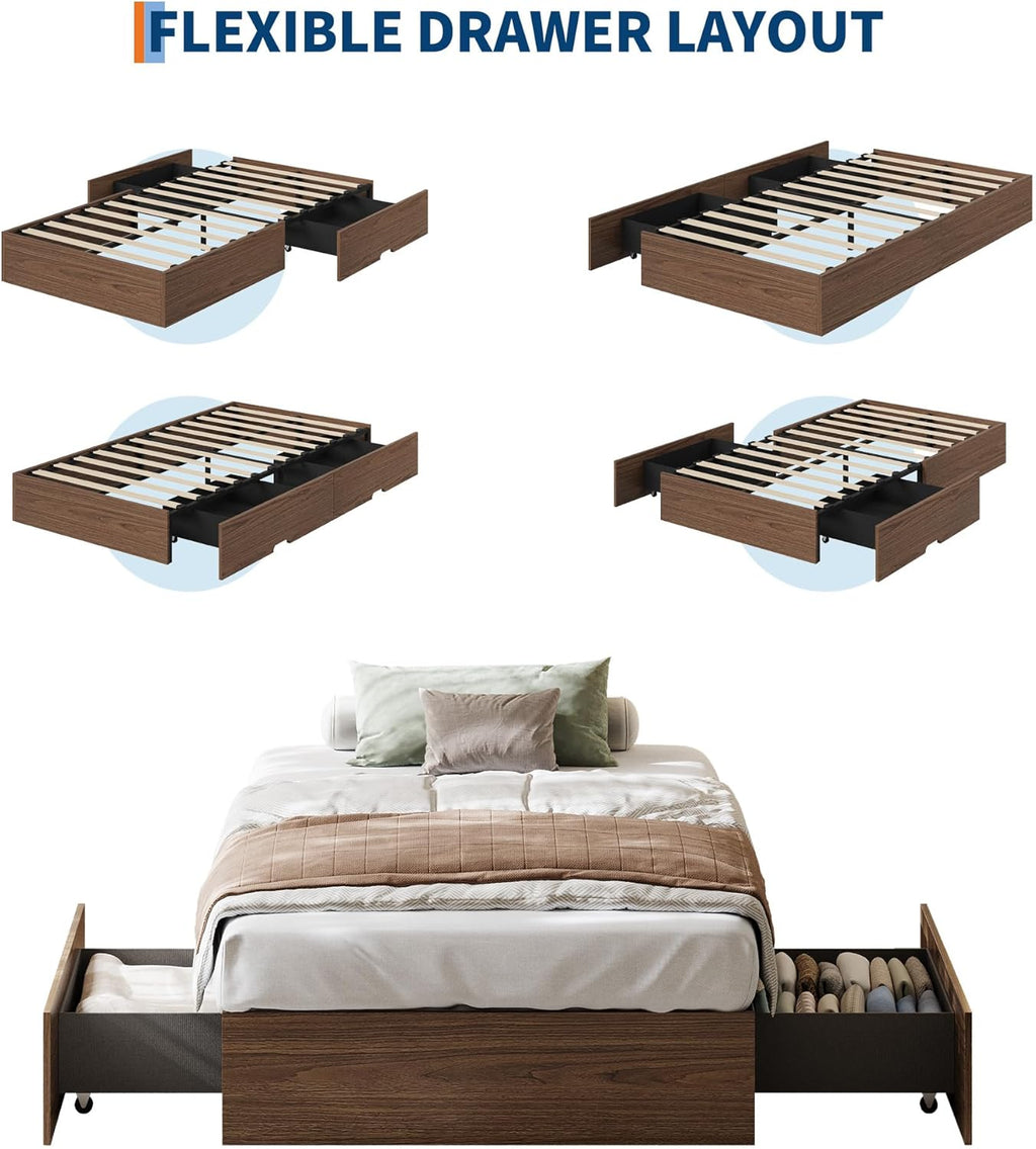 GarveeHome Twin Size Wood Platform Bed Frame with 2 Storage Drawers, Wooden Bed Frame Without Headboard, Wood Slat Support, No Box Spring Needed, Easy Assembly