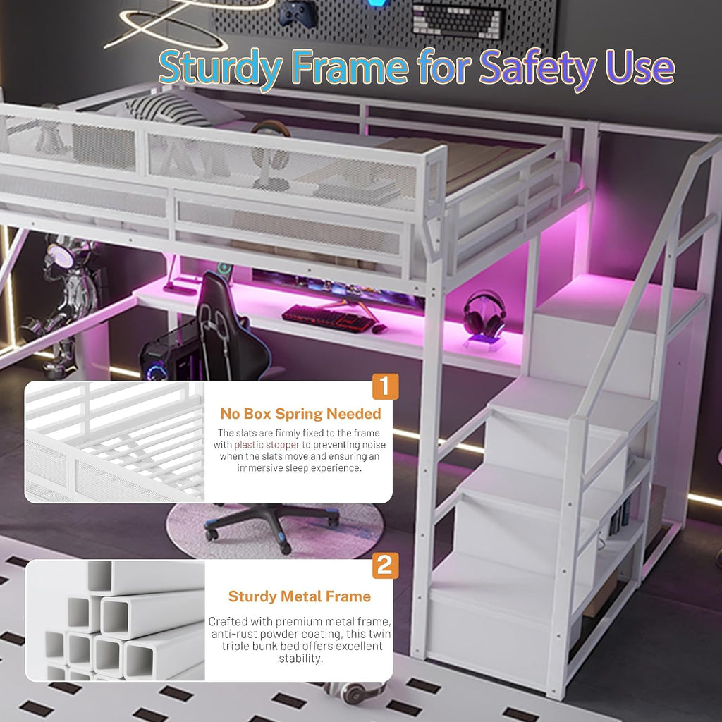 Metal Loft Bed with Desk and RGB LED Lights, Queen Size Loft Bed with Stairs and Charging Station,Adult Loft Beds with Storage Shelves for Upper and Wardrobe,Loft Beds Frame for Kids Teens, White