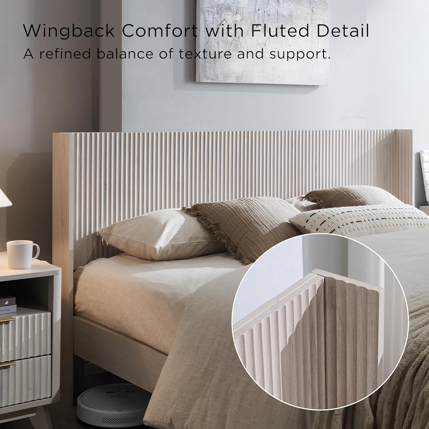T4TREAM Fluted King Size Bed Frame with Wingback Headboard, Footboard Storage Bench with Built-in Drawers & Lift-Up Compartments, Wood & Steel Platform Bed, No Box Spring Needed, White Alder