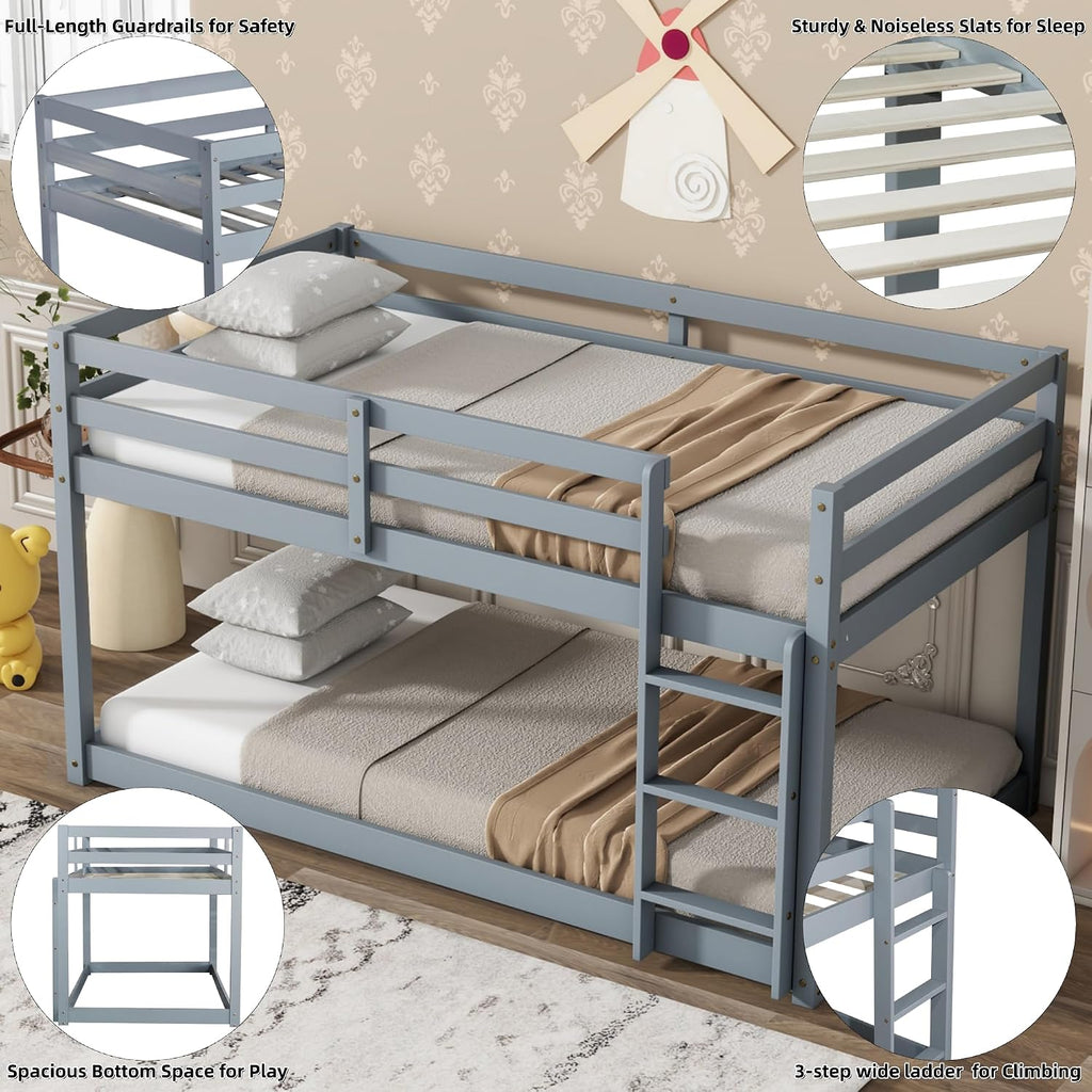 Low Bunk Bed Twin Over Twin, Solid Wood Floor Bunk Bed Frame with Ladder & Safety Guardrails, Twin Bunk Beds for Kids Boys and Girls, Saving Space, No Box Spring Needed, Gray