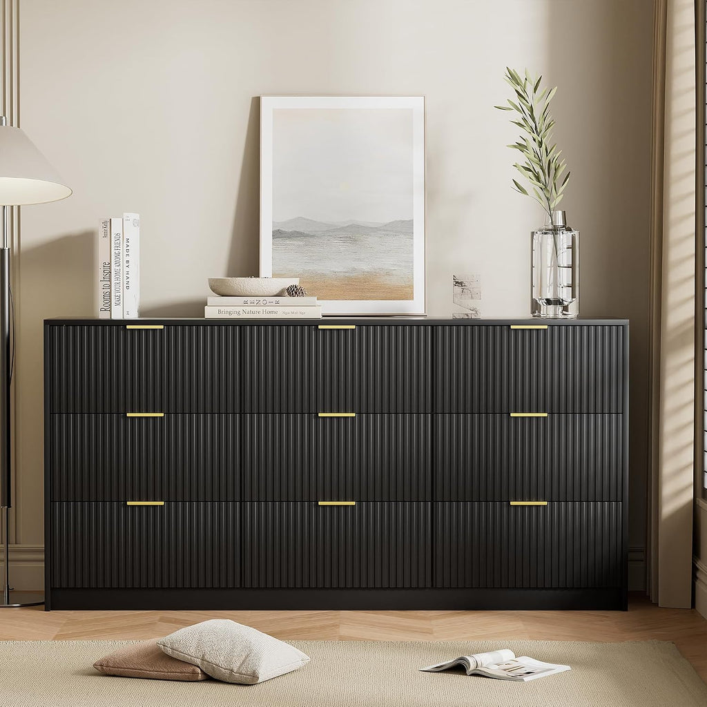 Furniway Black Dresser for Bedroom, Modern Dresser with 9 Drawers and Smooth Slides, Wide Chest of Drawers with Golden Handles for Bedroom, Living Room, Closet, 15.7' D x 63' W x 31.5' H