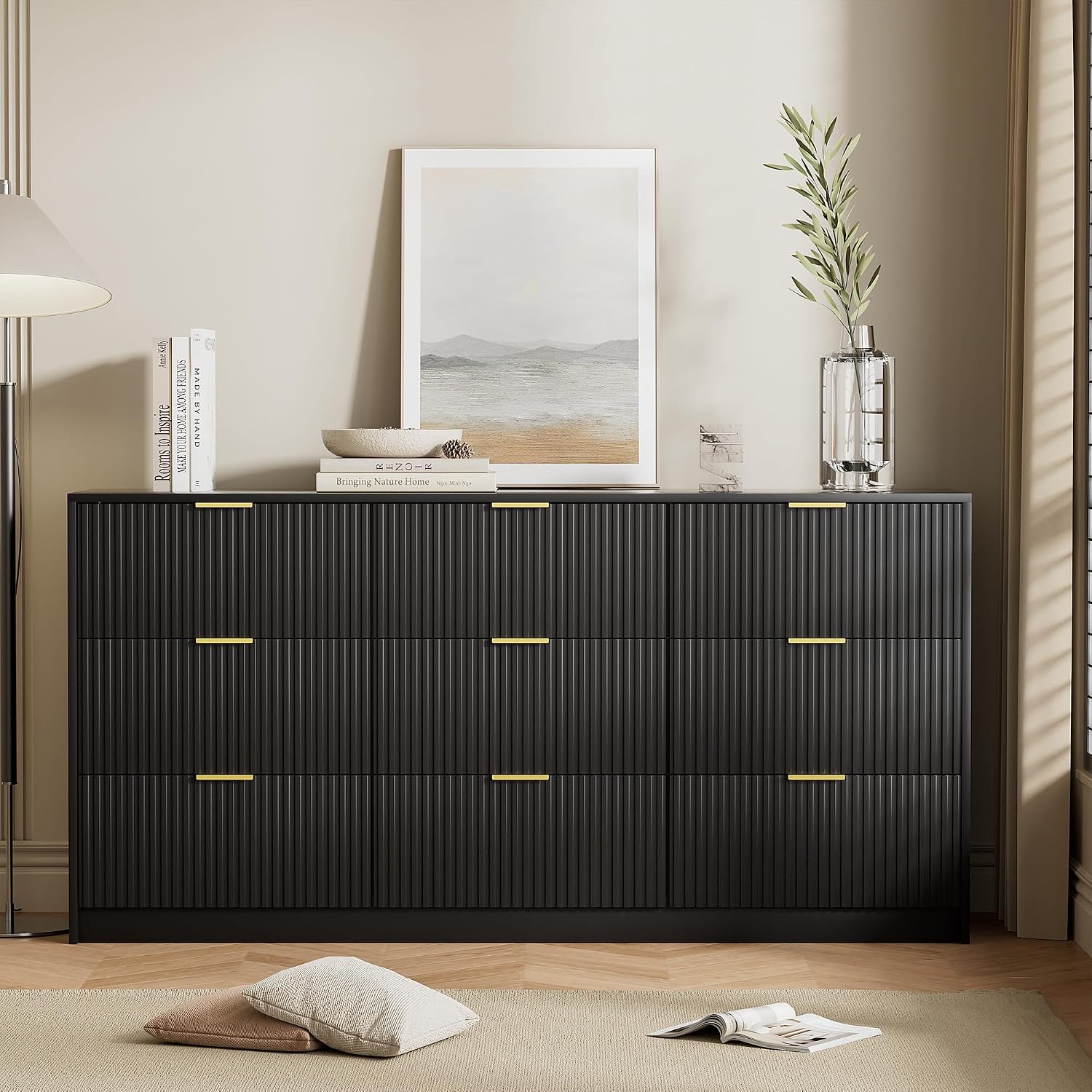 Furniway Black Dresser for Bedroom, Modern Dresser with 9 Drawers and Smooth Slides, Wide Chest of Drawers with Golden Handles for Bedroom, Living Room, Closet, 15.7' D x 63' W x 31.5' H