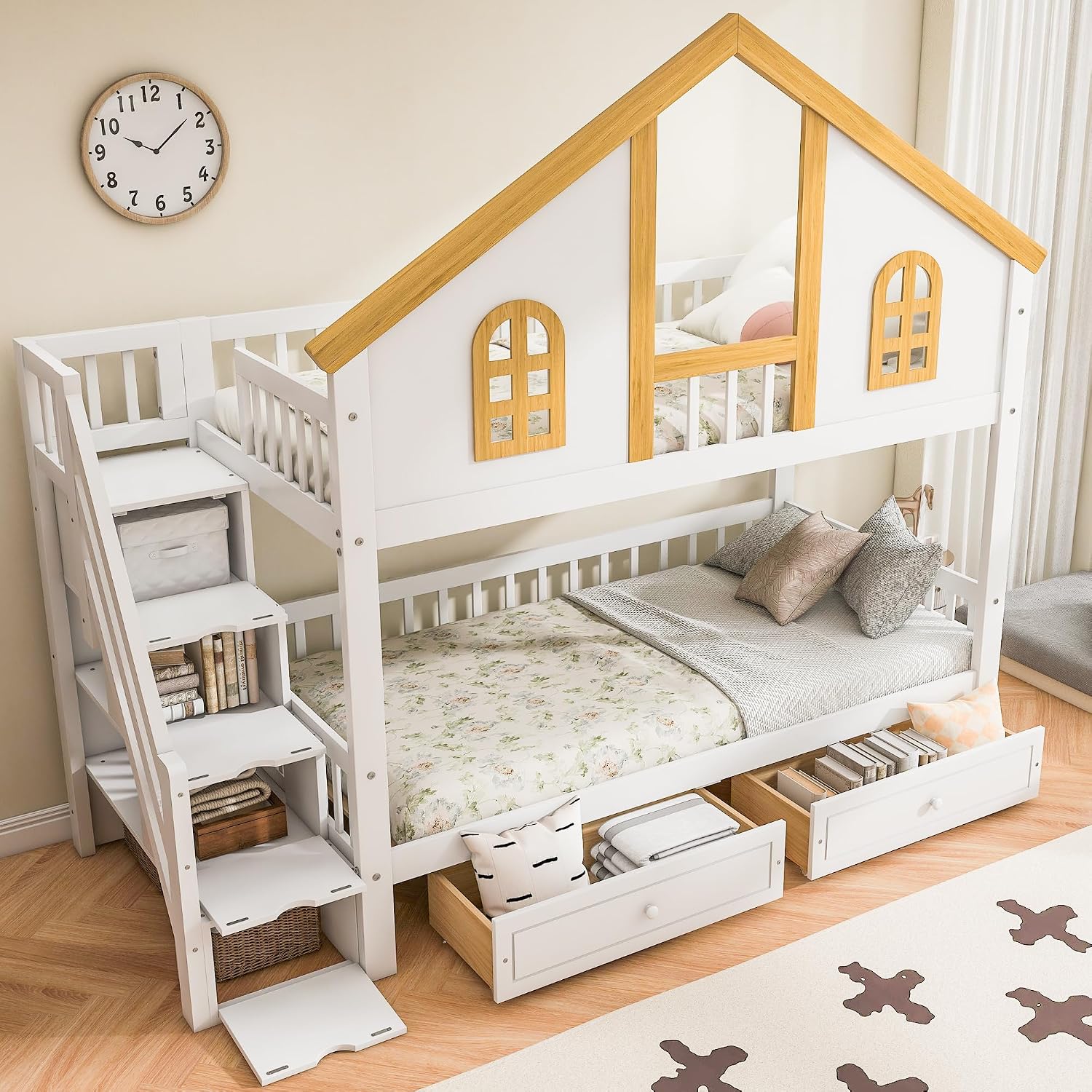 Merax Twin Over Twin Wooden Bunk Bed with Two Drawers and Storage Staircase, Twin Size House Bunk Bed Frame with Window Door Guardrails for Teens, Boys, Girls Bedroom, White+Natural