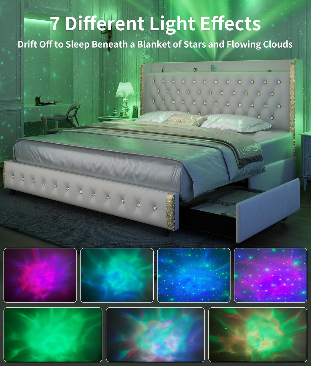 GEGOFORU Full Wingback Modern Platform Bed with Galaxy Projector, 4 Dust-Proof Storage Drawers, LED Bed Frame, USB Ports, No Box Spring Needed & Noise-Reduction Sturdy Wood Slats, Velvet Cream
