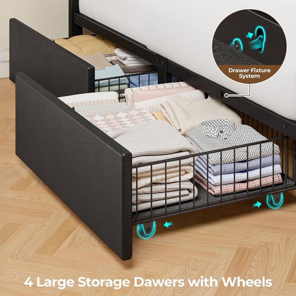 Seventable Full Size Bed Frame with 4 Storage Drawers, Charging Station & LED Lights, Upholstered Headboard with 2-Tier Shelves, Metal Platform Bed, No Box Spring Needed, Noise-Free, Black